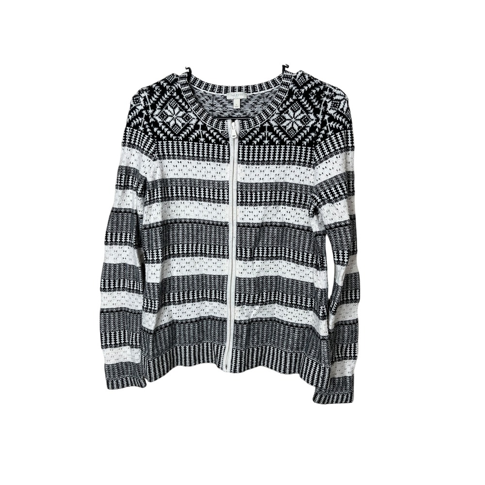 Talbots Cardigan Sweater‎ Womens Small Black White Striped Zip Up Knit